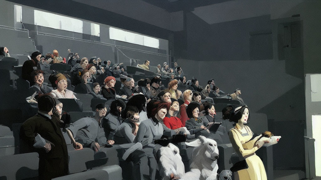 Audience with varied expressions and dogs in grey-toned auditorium