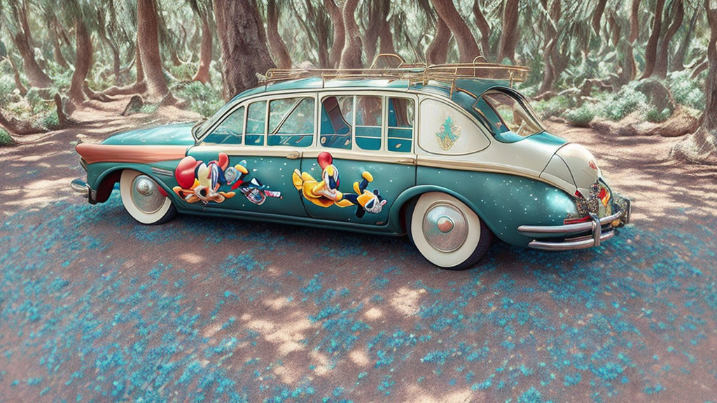 Animated scene: Donald Duck and Goofy by green car under tree canopy.