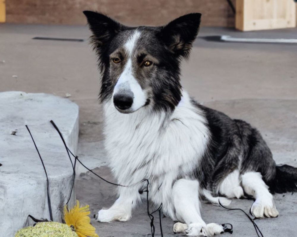 Black and white Border Collie with yellow toy and strings in thoughtful pose