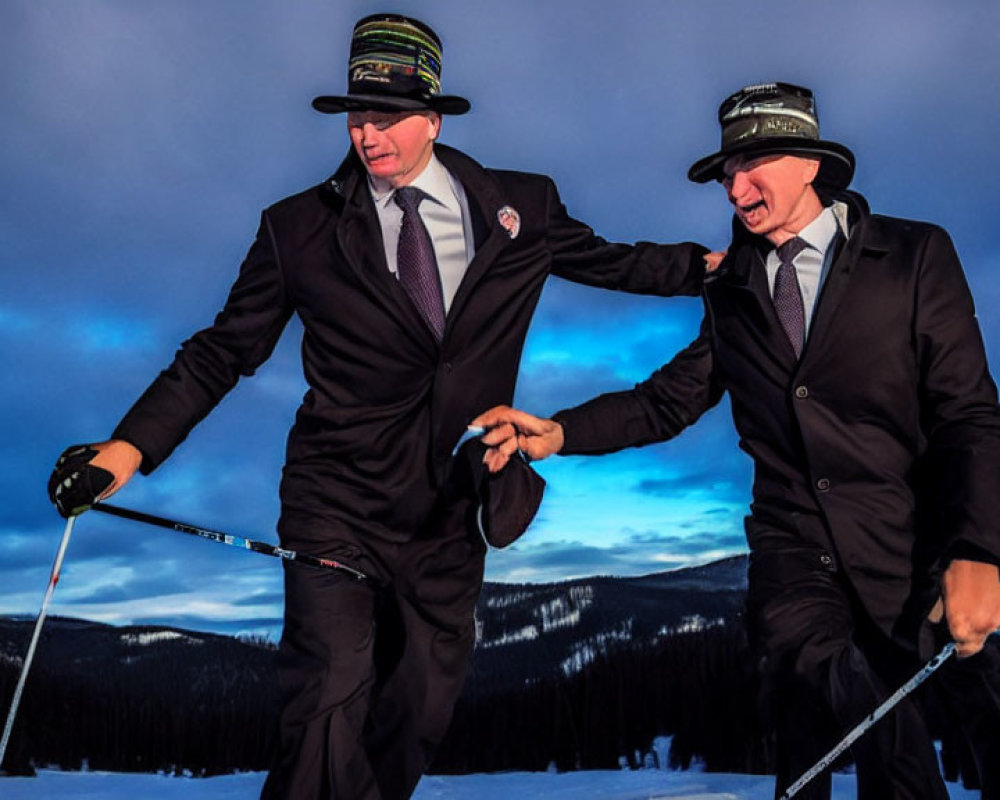 Men in suits and beanies skiing with canes at twilight