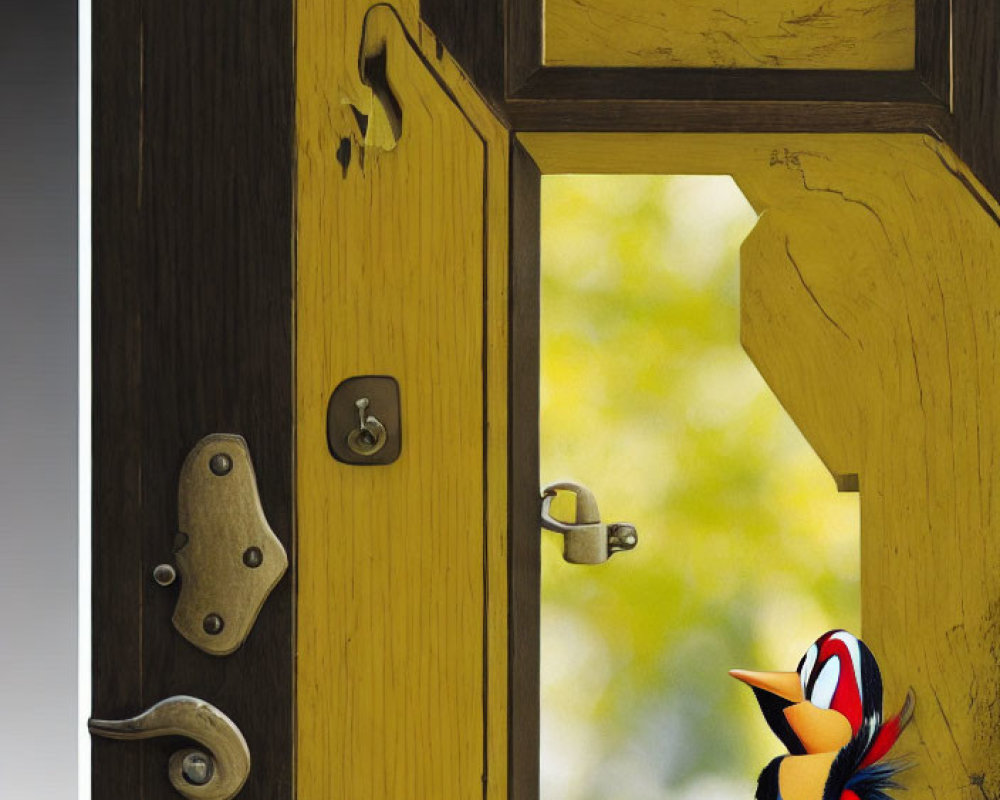 Cartoon bird perched on door ledge with keyhole and window