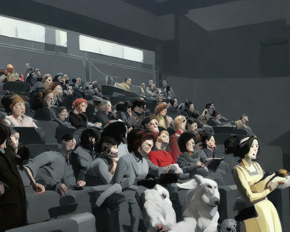 Audience with varied expressions and dogs in grey-toned auditorium