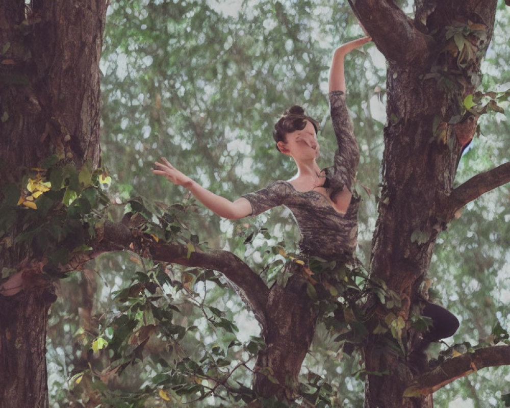 Ballet dancer posing on tree branch amidst lush greenery