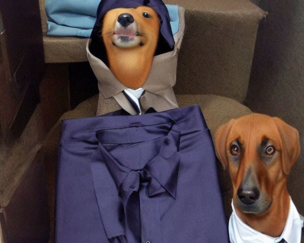 Two dogs in suit and sleep mask pose together