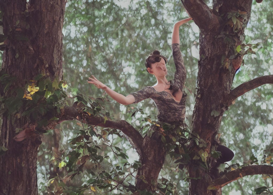 Ballet dancer posing on tree branch amidst lush greenery