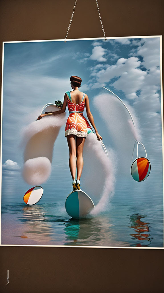 Surreal image: Woman in suit on floating wheel with speakers over water