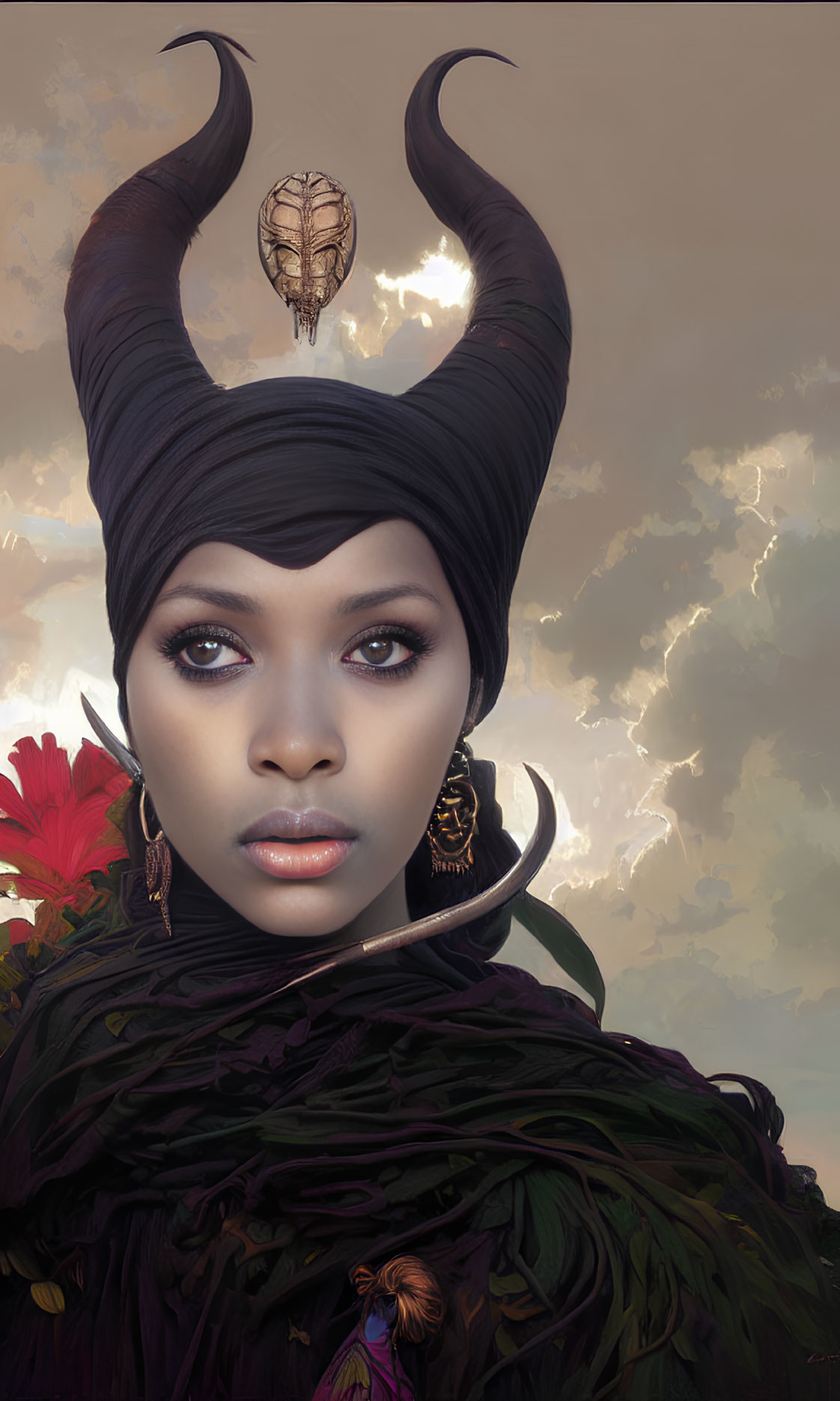 Digital artwork of woman with curved horns and tribal face paint in stormy sky