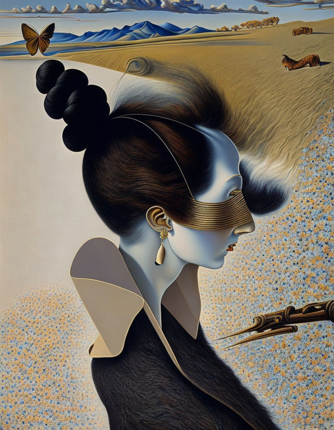 Stylized woman with bun hairstyle and surreal elements in beige outfit