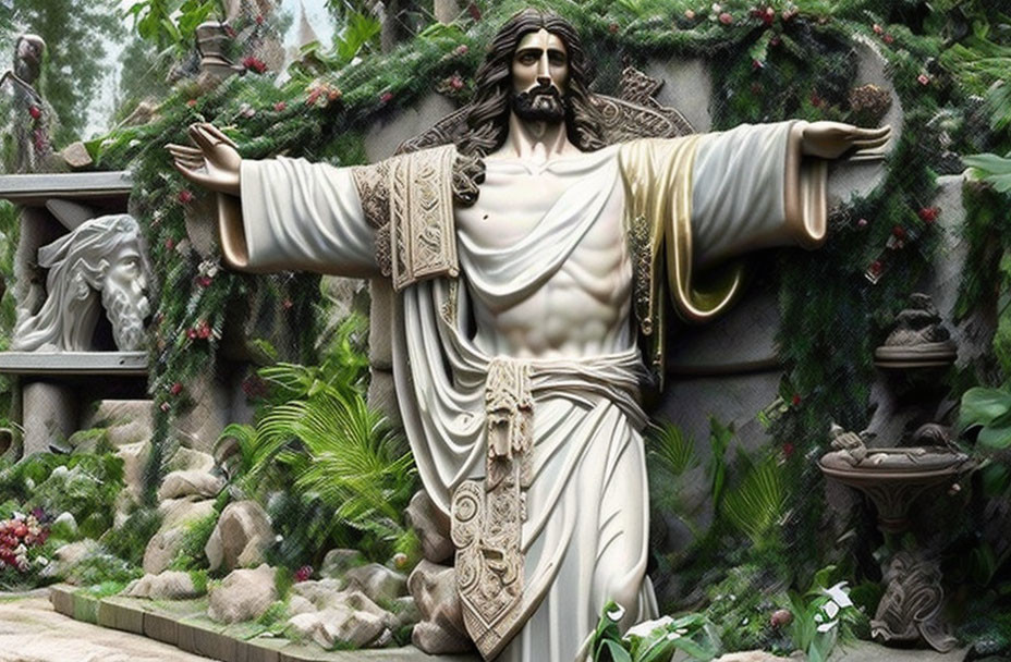 Statue of Jesus in White and Gold Robes in Lush Garden Setting