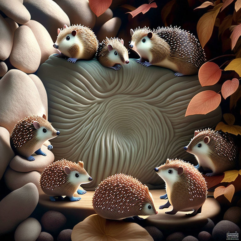 Seven stylized hedgehogs around tree stump in forest with leaves & pebbles