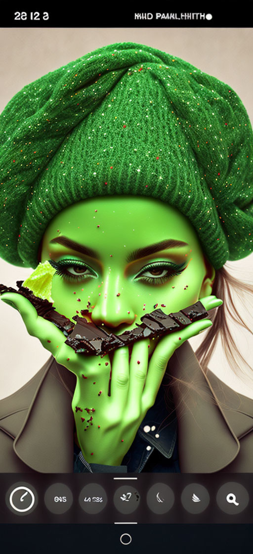 Digitally altered image of person with green skin biting chocolate bar.