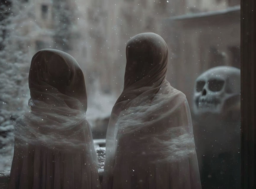 Figures in white sheets by foggy window with falling snow and skull visible