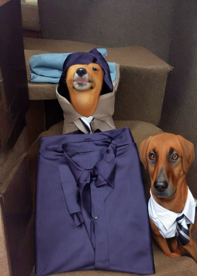 Two dogs in suit and sleep mask pose together