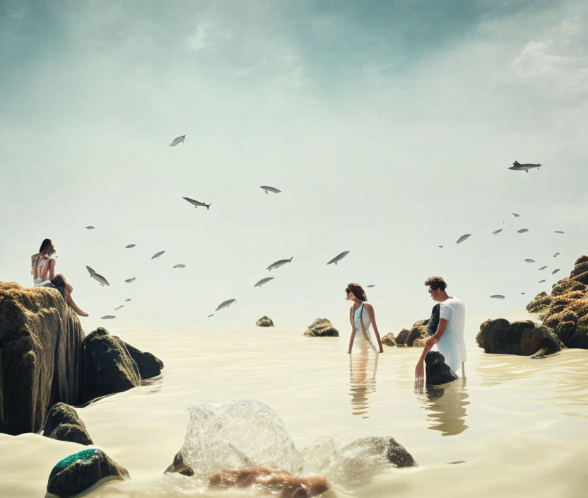 Surreal beach scene with flying fish and clear water