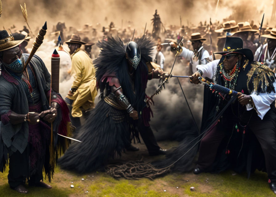 Traditional attire mock combat performance with spectators in background