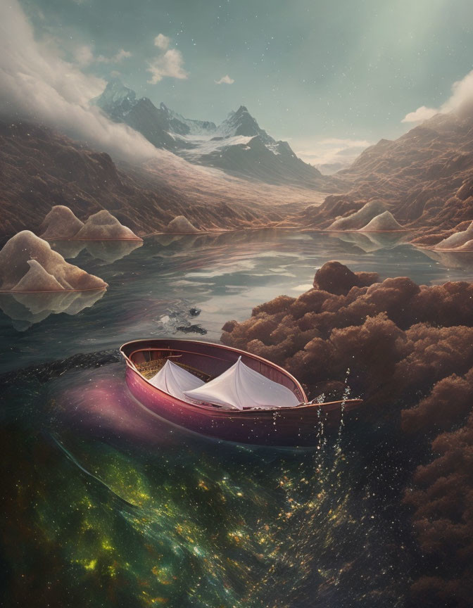 Boat on reflective lake with surreal autumn forest, icebergs, mountains, & starry sky