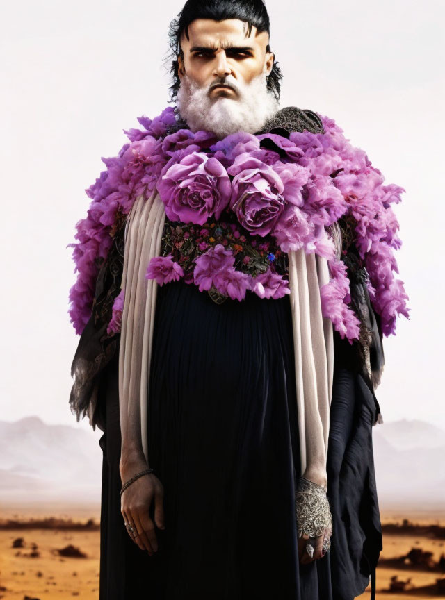 Bearded man with stern expression in purple flowers and dark robe against desert backdrop