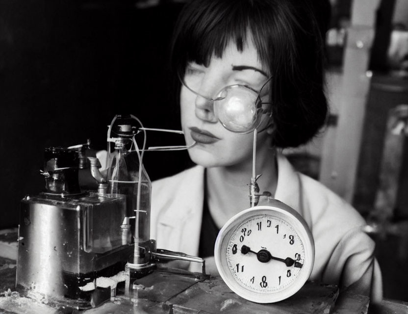 Monochrome image of scientist in lab coat conducting experiment