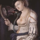 Surreal painting of young girl in Renaissance attire with calf's head reflection
