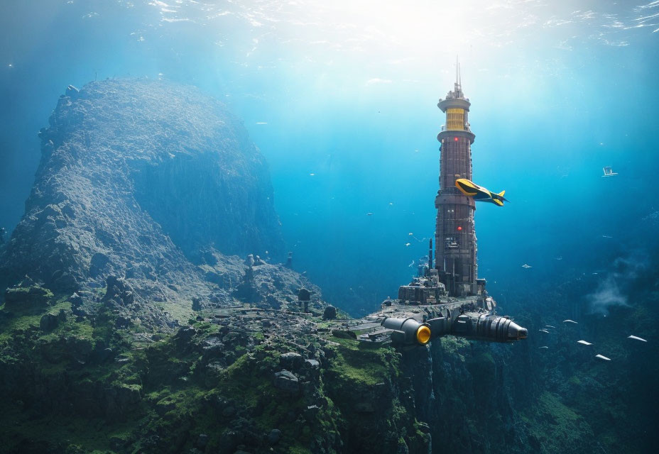 Futuristic underwater tower with rock formations, fish, and submarines