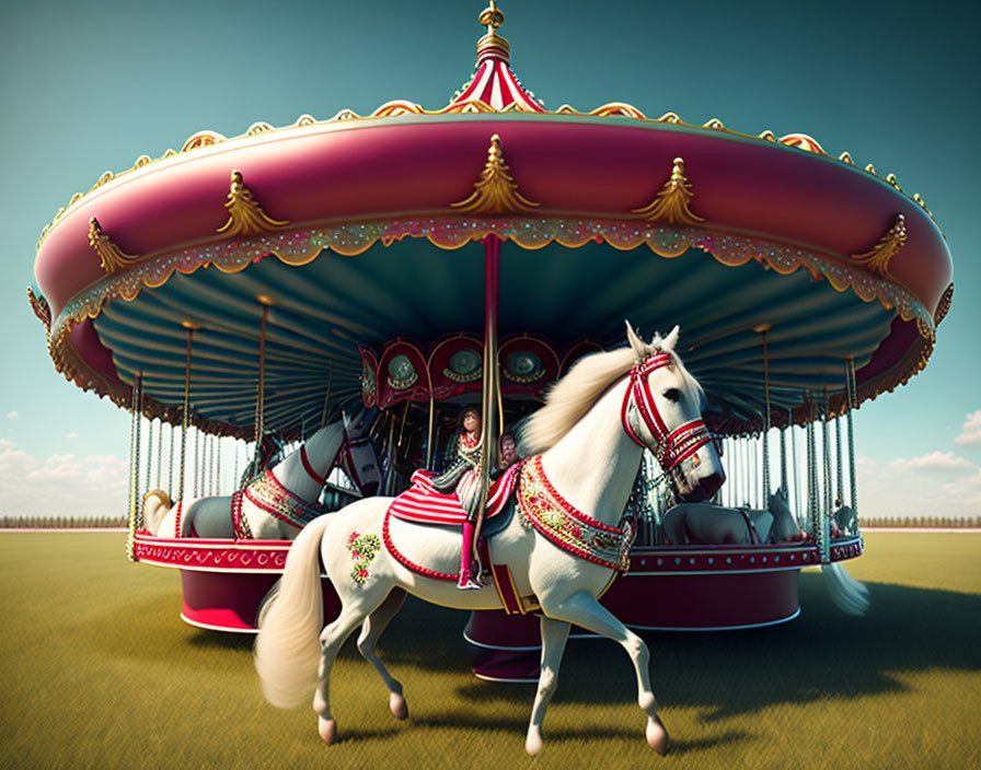 Ornate carousel horses and smiling rider under serene sky