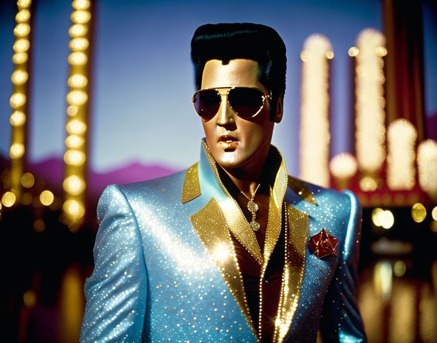 Sparkling Blue Elvis Presley Impersonator with Golden Lights