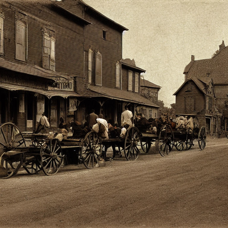 Vintage street scene with horse-drawn carts and wooden buildings in sepia tone