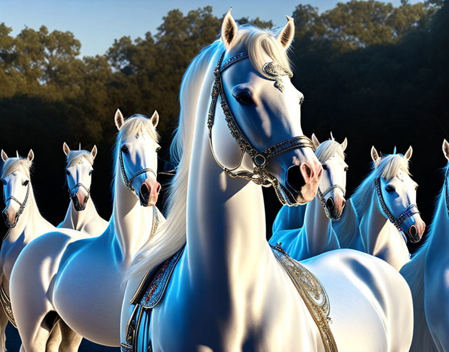 White horses with blue bridles in front of dark forest landscape