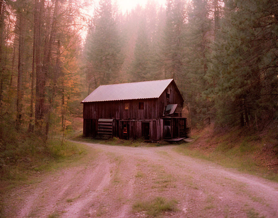 Rustic wooden cabin in forest clearing at sunrise or sunset