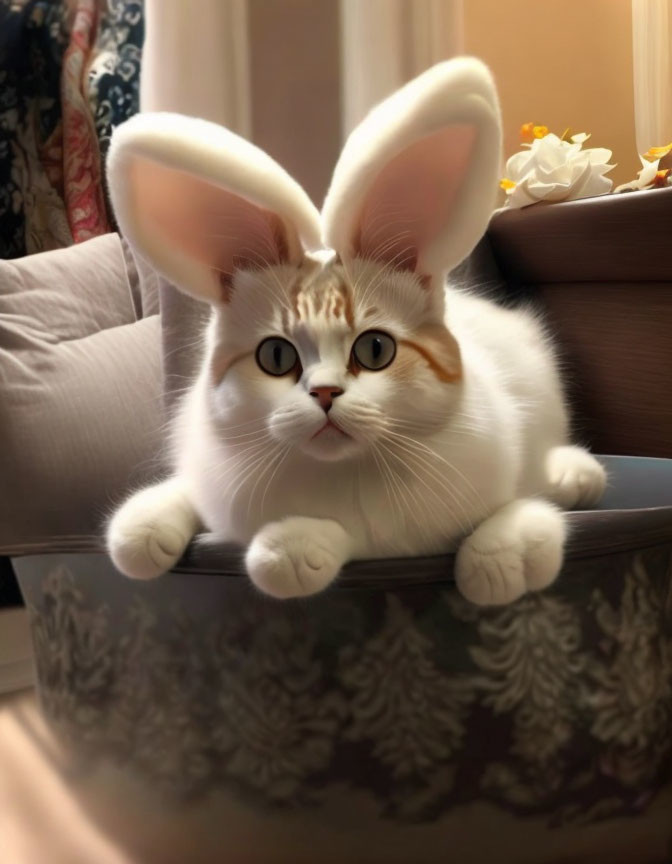 White Cat with Cartoon Bunny Ears on Floral Surface