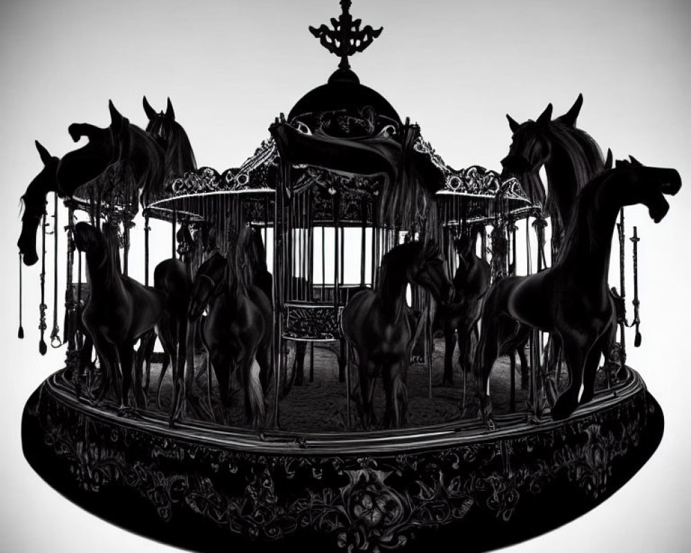 Monochrome Carousel Silhouette with Ornate Horse Figures