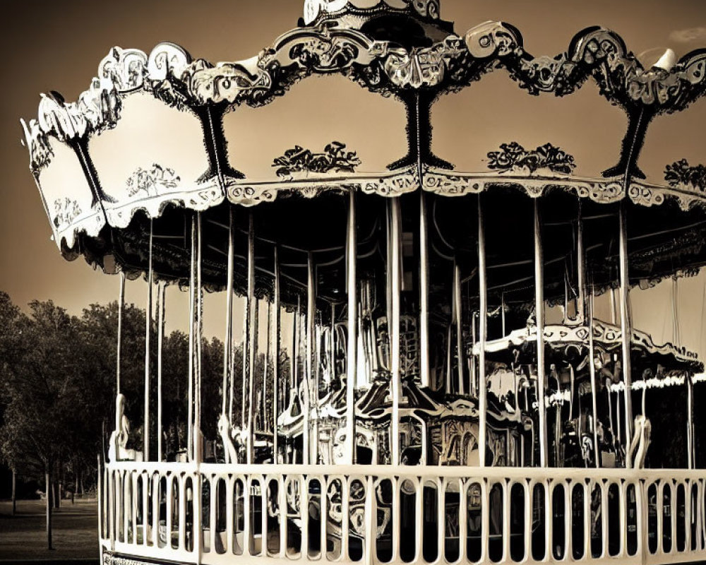 Vintage carousel with intricate designs in sepia tone.