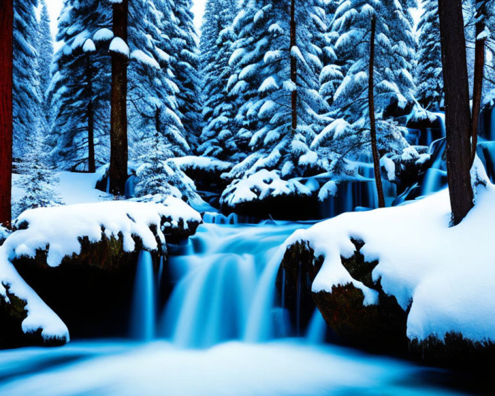 Winter landscape: Blue stream, snow-covered rocks, pine trees