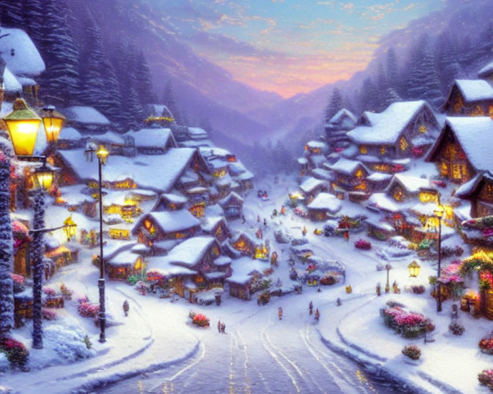 Snow-covered village at dusk with holiday decorations and people walking.