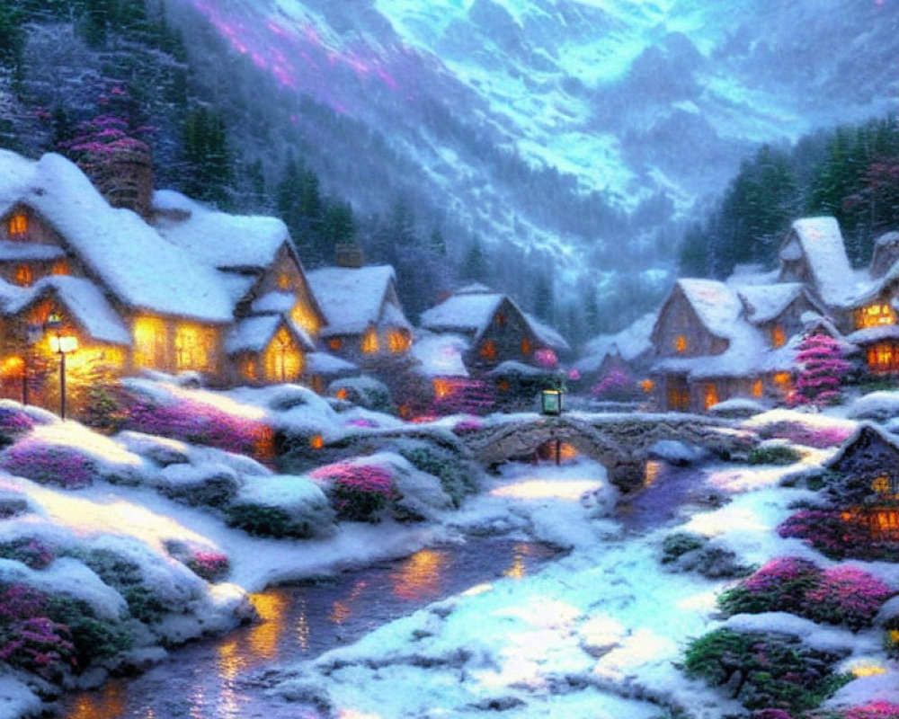 Snow-covered village with illuminated cottages by river and twilight mountains