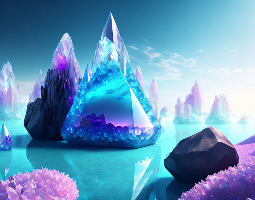 Colorful digital art: ethereal landscape with luminous crystal formations