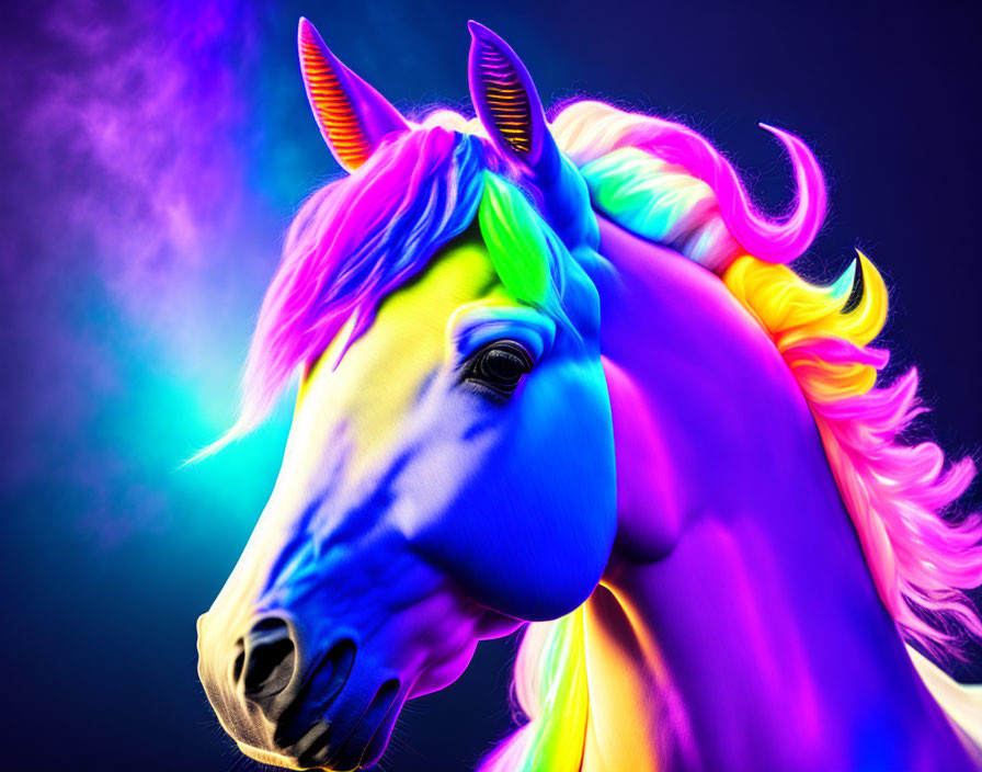 Colorful unicorn digital artwork on dark background