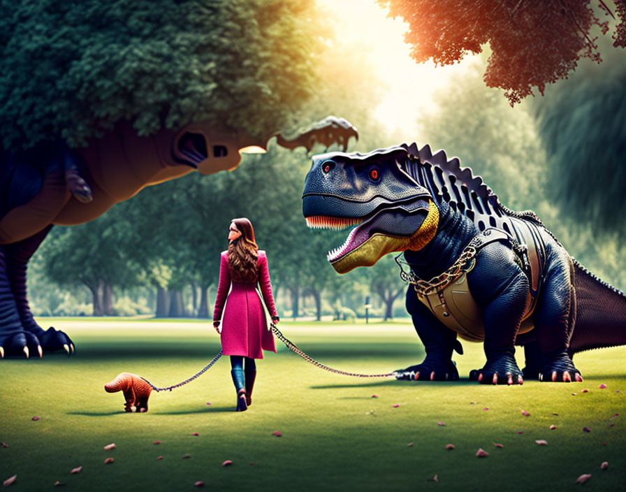 Woman walking small dog next to giant robotic dinosaur in green park