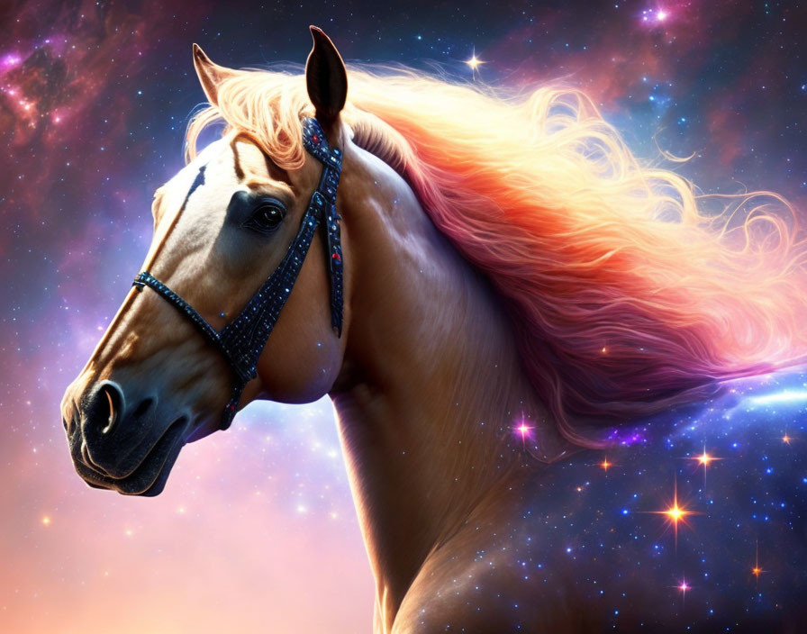 Majestic chestnut horse with pink mane in cosmic setting