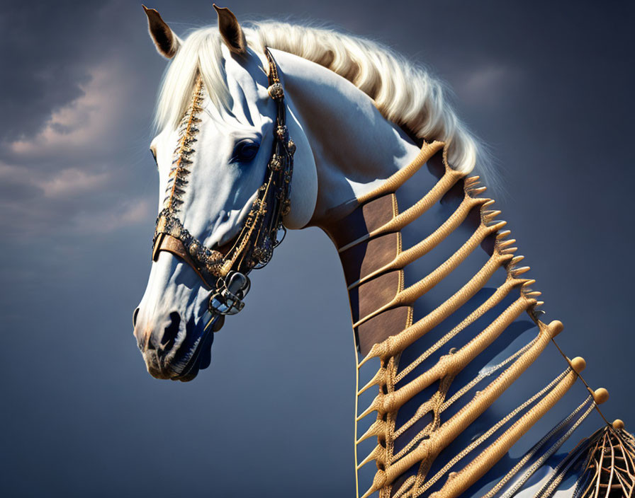 Digital artwork: Horse with skeletal neck under cloudy sky