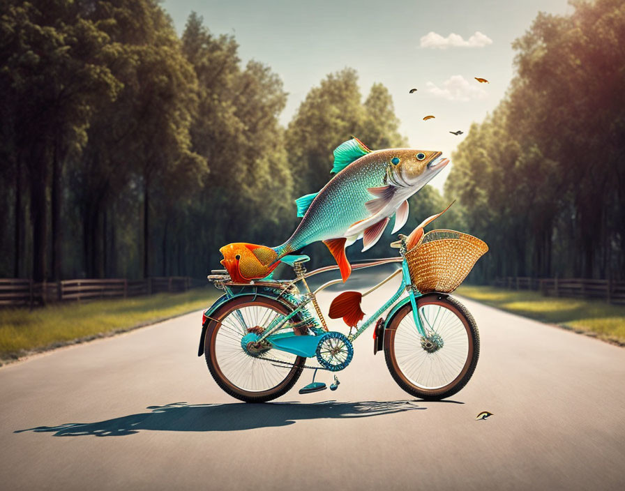 Large Fish Riding Vintage Bicycle with Small Fish and Butterflies