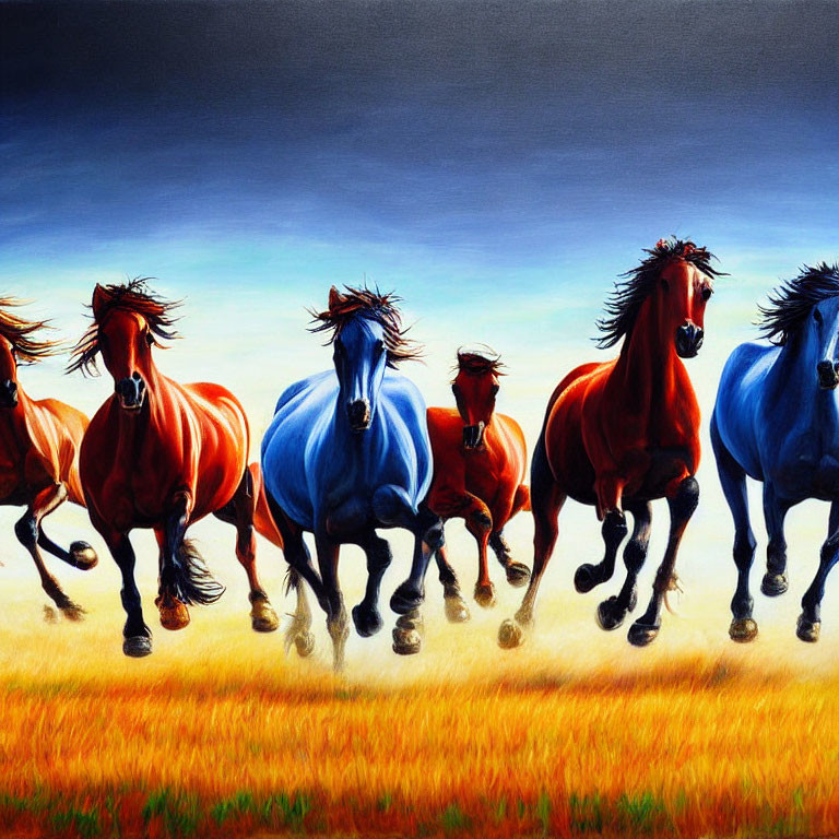 Colorful painting: Herd of horses with flowing manes in red and blue galloping under