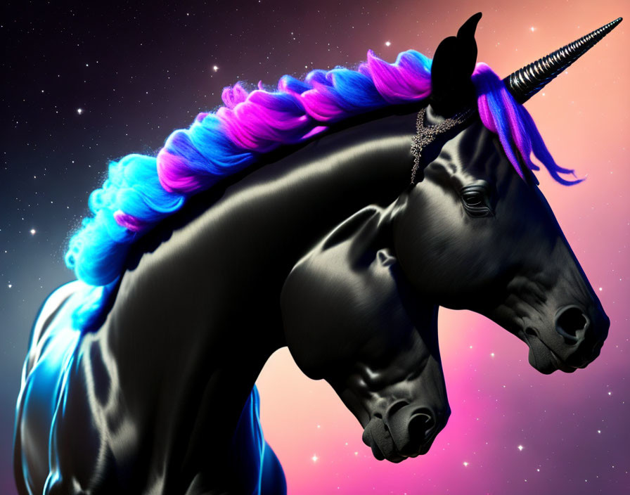 Black unicorn with shimmering horn & blue-purple mane on starry night sky.