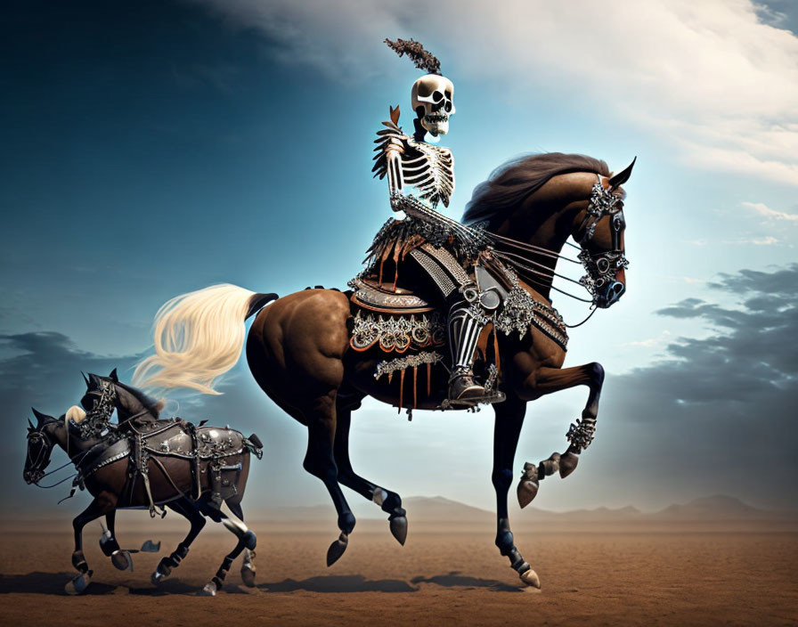 Skeleton in Tribal Attire Riding Dark Horse in Desert