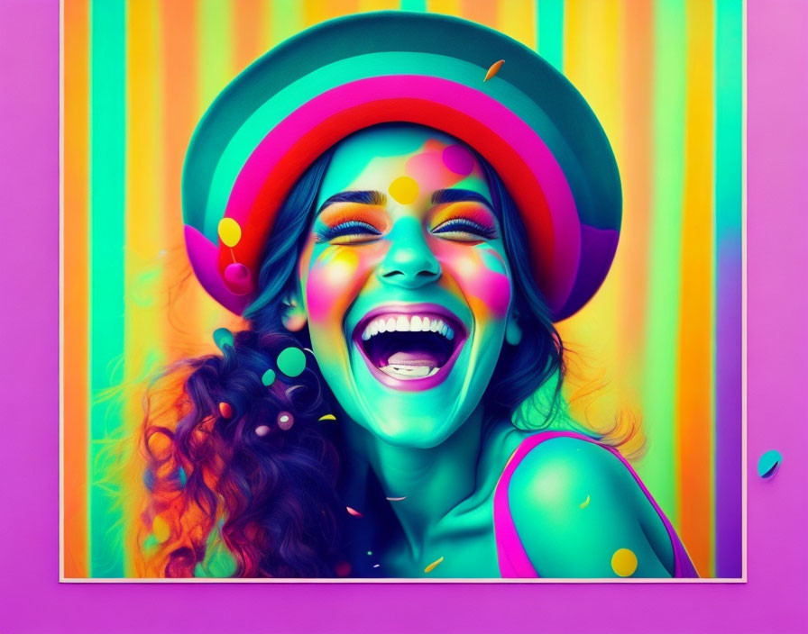 Colorful digital artwork of a laughing woman with rainbow elements.