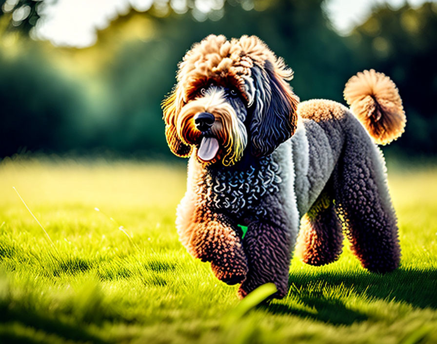 Fluffy brown and black labradoodle walking on grassy field