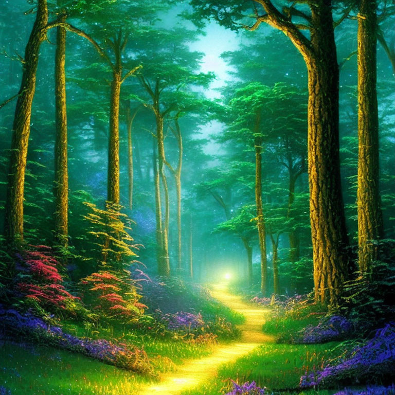 Enchanting forest scene with tall trees and colorful undergrowth