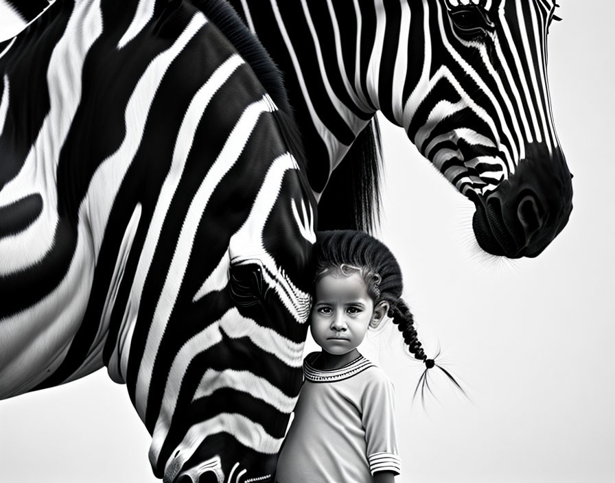 Young girl and zebra in black and white stripes side by side