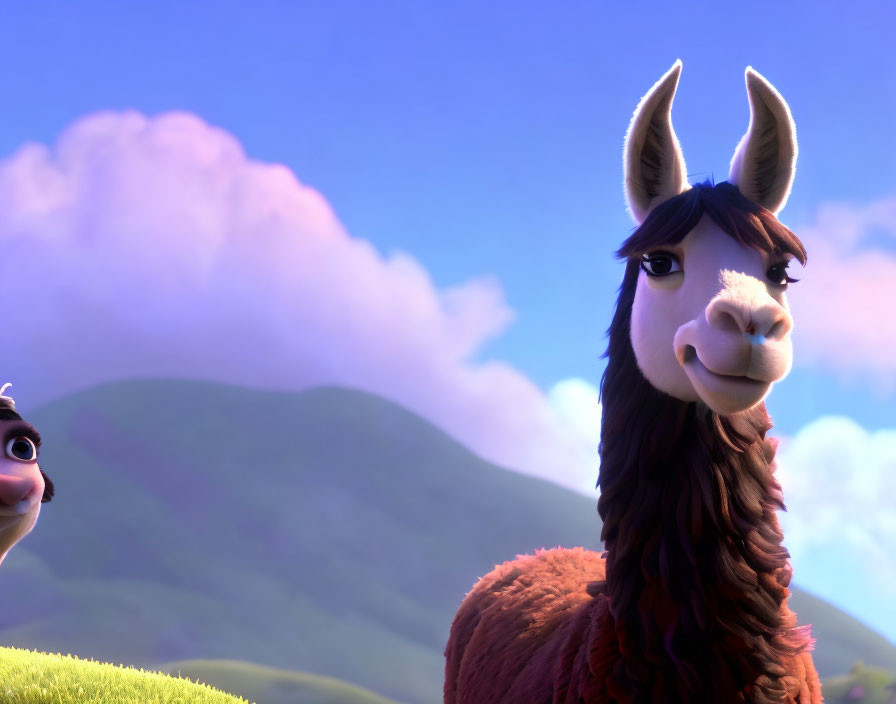 Two animated llamas in green hills and clouds scenery.