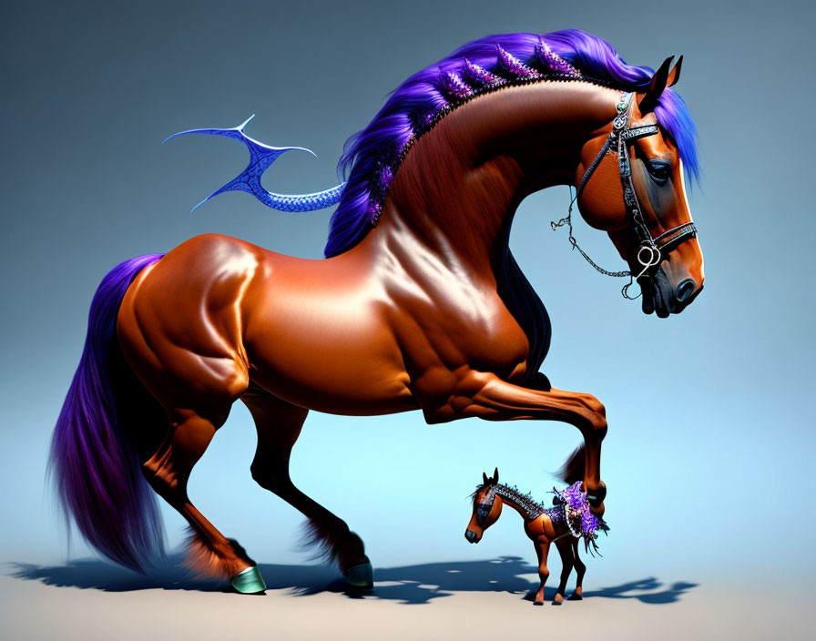 Vibrant purple maned horse with dragon-like wings in digital art